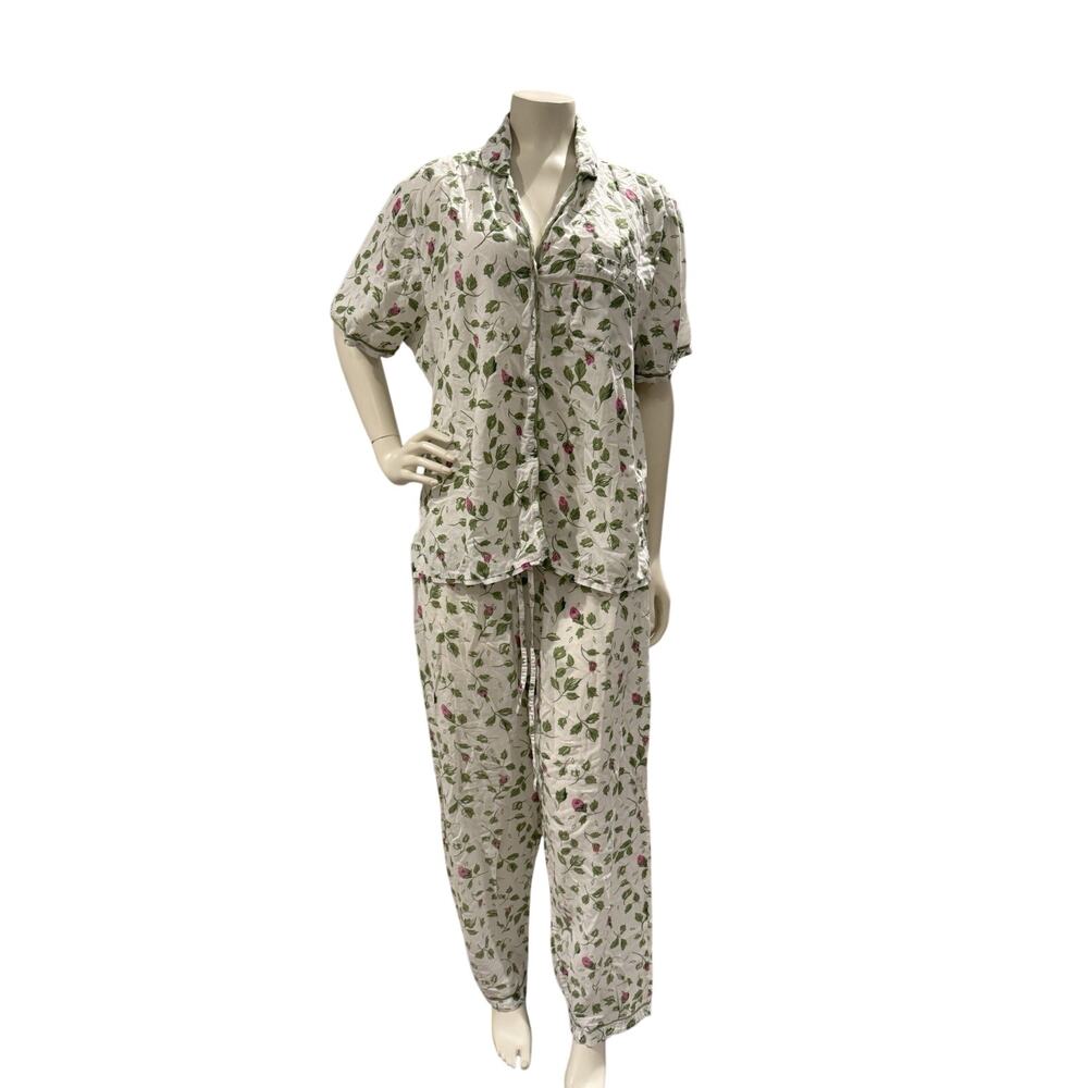 La Cera Womens 100% Cotton Floral Pajama Set Button Closure Short Sleeve Size XL